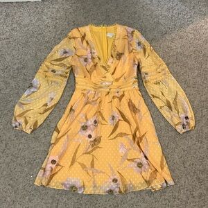 Ted Baker yellow lilac boho floral eyelit lace trim fitted waist midi dress sz 0